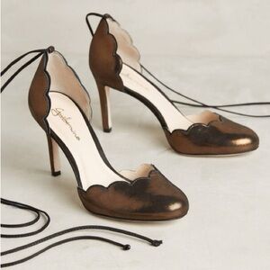 Anthropologie Guilhermina Scalloped Black/Gold Ankle-Tie Heels